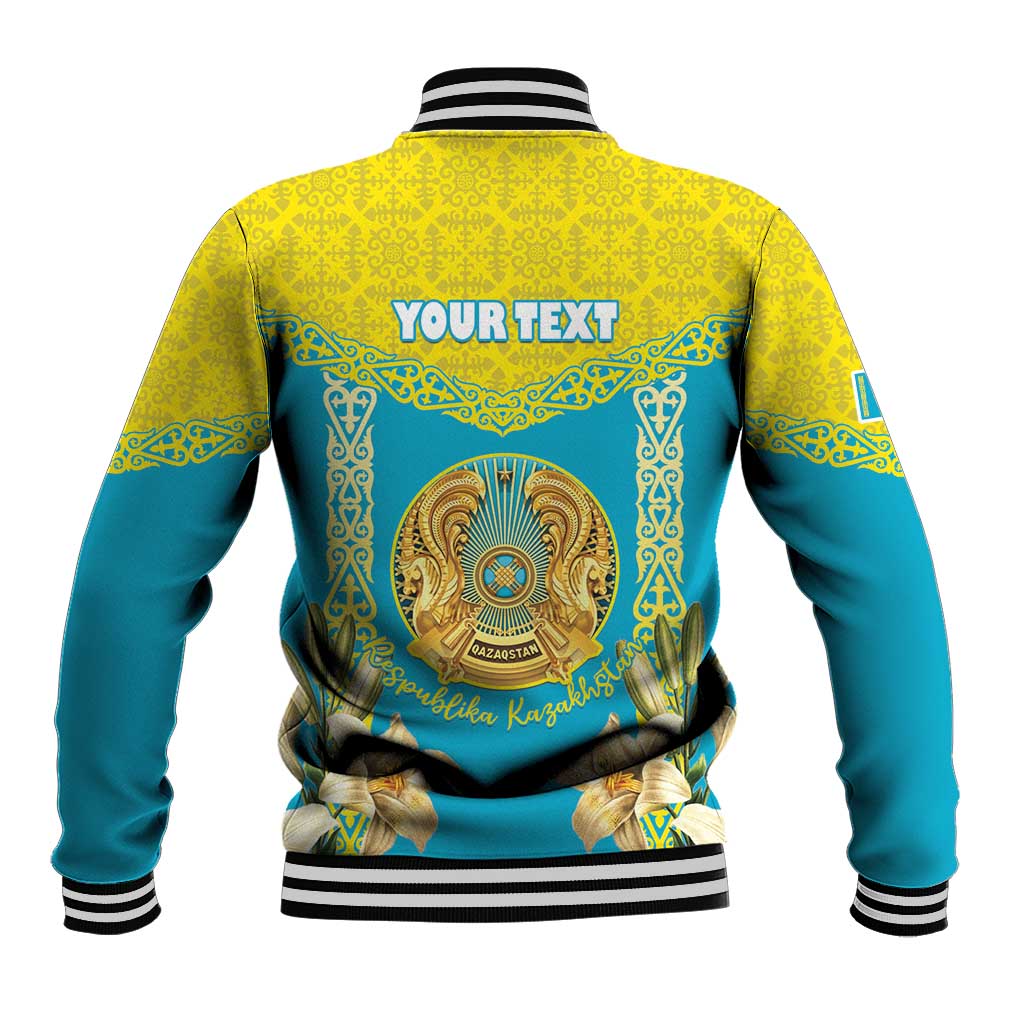 Two-tone baseball jacket with back graphic and “YOUR TEXT” panel, ribbed collar