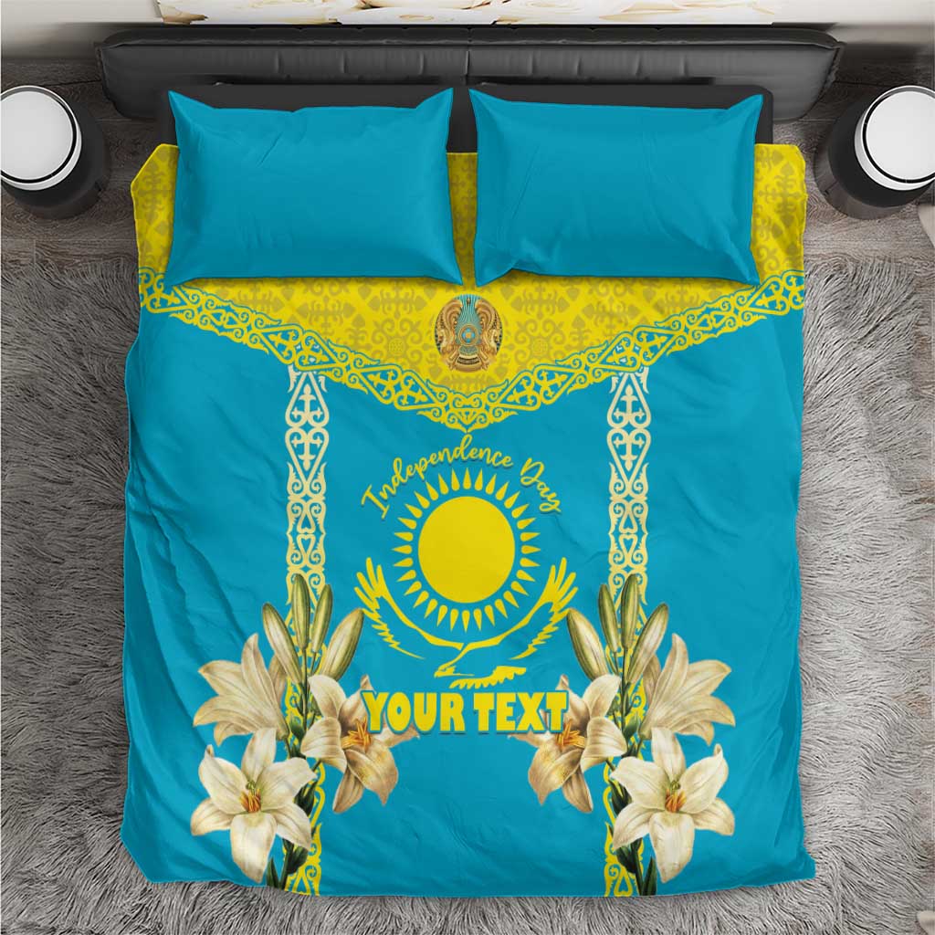 Blue duvet cover with yellow Kazakh-style border, sun emblem, lily graphics, 2 matching pillows