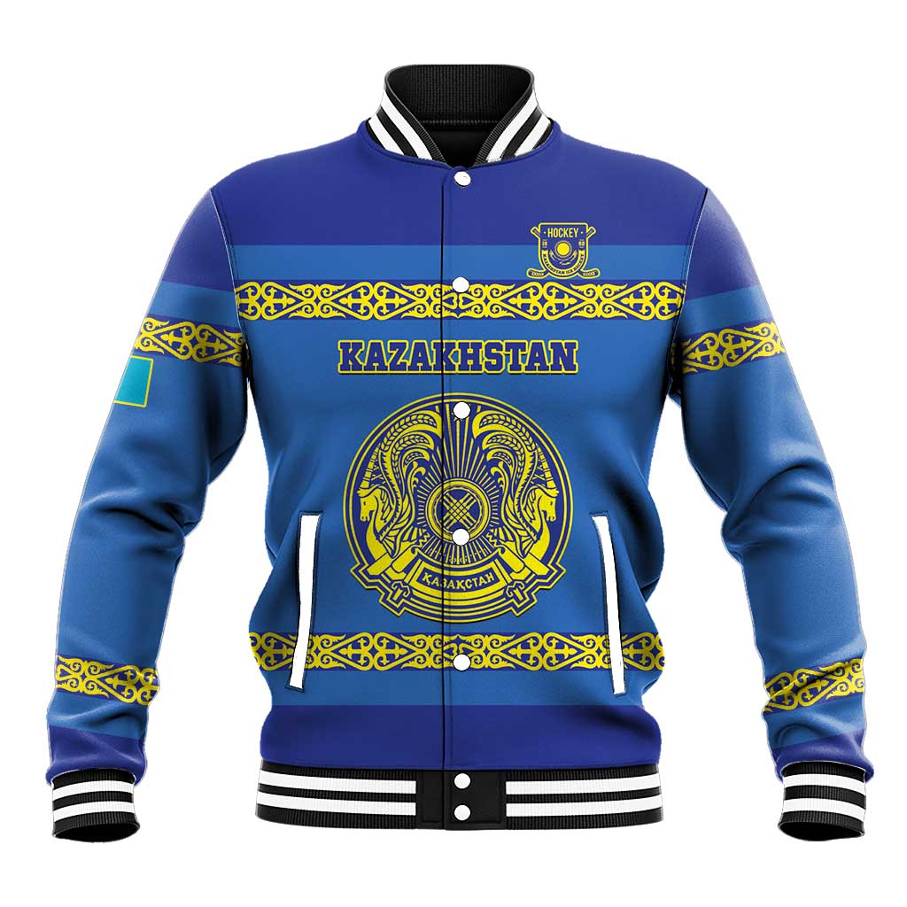 Blue baseball jacket with yellow Kazakhstan crest, ribbed striped collar and cuffs