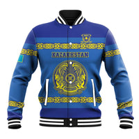 Blue baseball jacket with yellow Kazakhstan crest, ribbed striped collar and cuffs