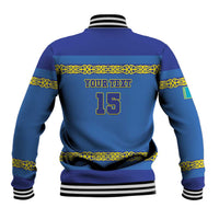 Blue baseball jacket with back 'YOUR TEXT' and number 15, ribbed striped cuffs