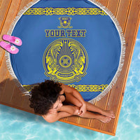 Round blue beach blanket with white fringe, “YOUR TEXT” print, and Kazakstan hockey crest