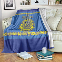 Blue custom hockey blanket with gold border, central crest emblem, and personalized text area