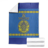 Blue custom hockey blanket laid flat with gold border, crest emblem and personalized text area