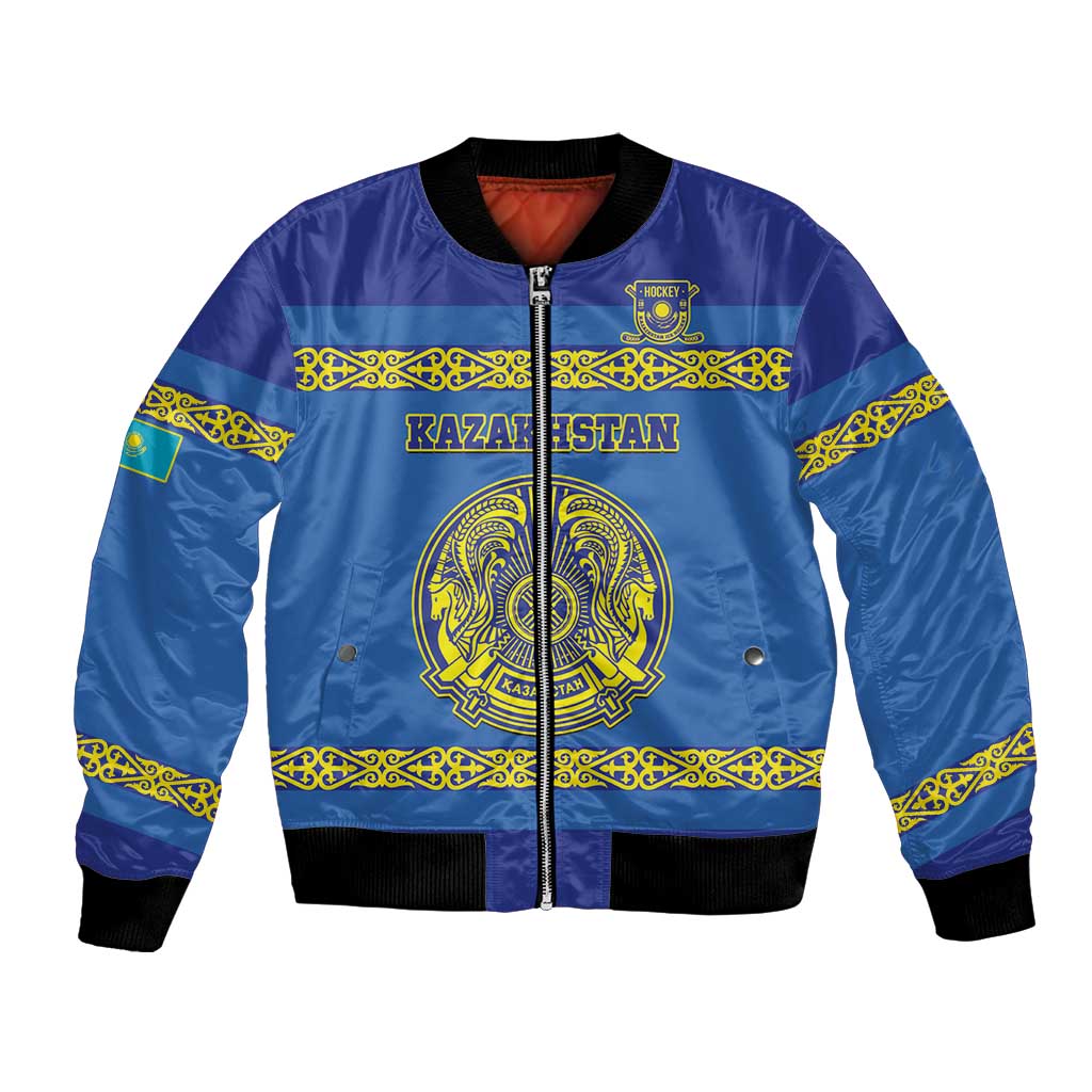 Unisex blue hockey bomber jacket, full-zip, gold trim, front crest and Kazakhstan graphic