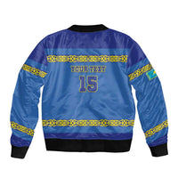 Unisex blue hockey bomber jacket back view with gold trim and 'YOUR TEXT' number 15