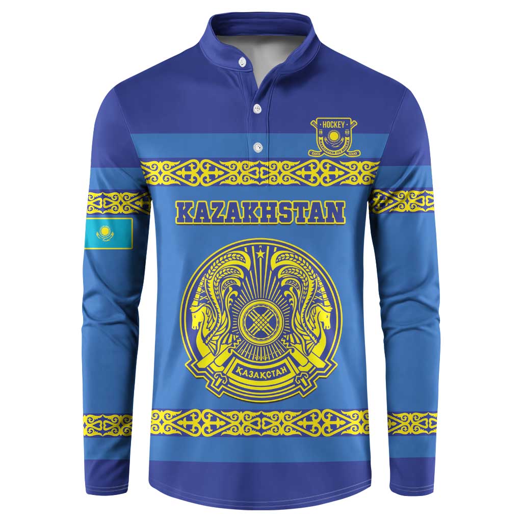 Blue button-front hockey sweatshirt with gold Kazakhstan crest and trim