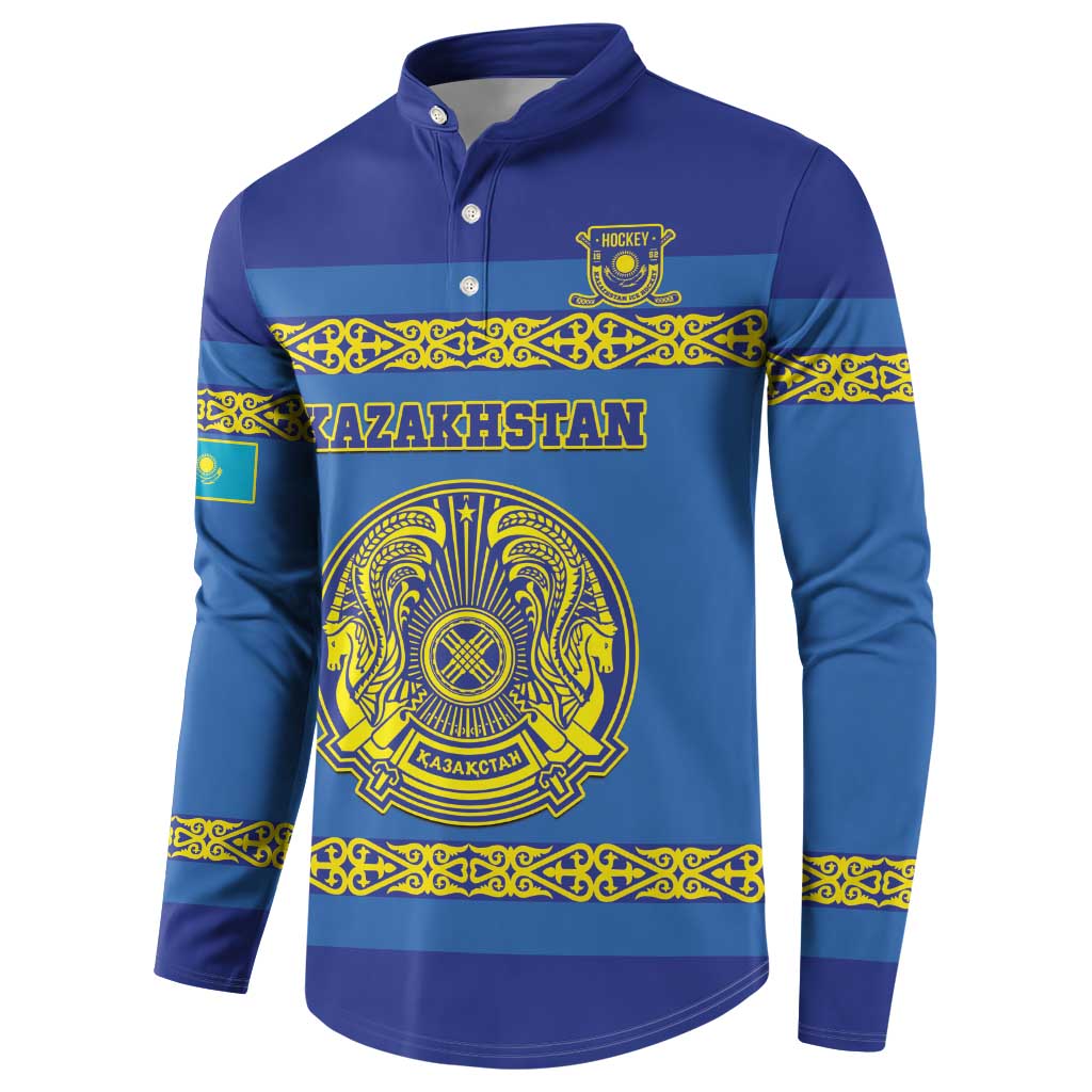 Blue button-front hockey sweatshirt front with Kazakhstan crest and gold trim