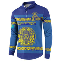 Blue button-front hockey sweatshirt front with Kazakhstan crest and gold trim