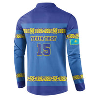 Blue hockey button sweatshirt back with yellow 'YOUR TEXT' and '15' design