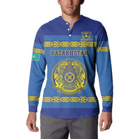 Blue button-front hockey sweatshirt on model with Kazakhstan crest and gold trim