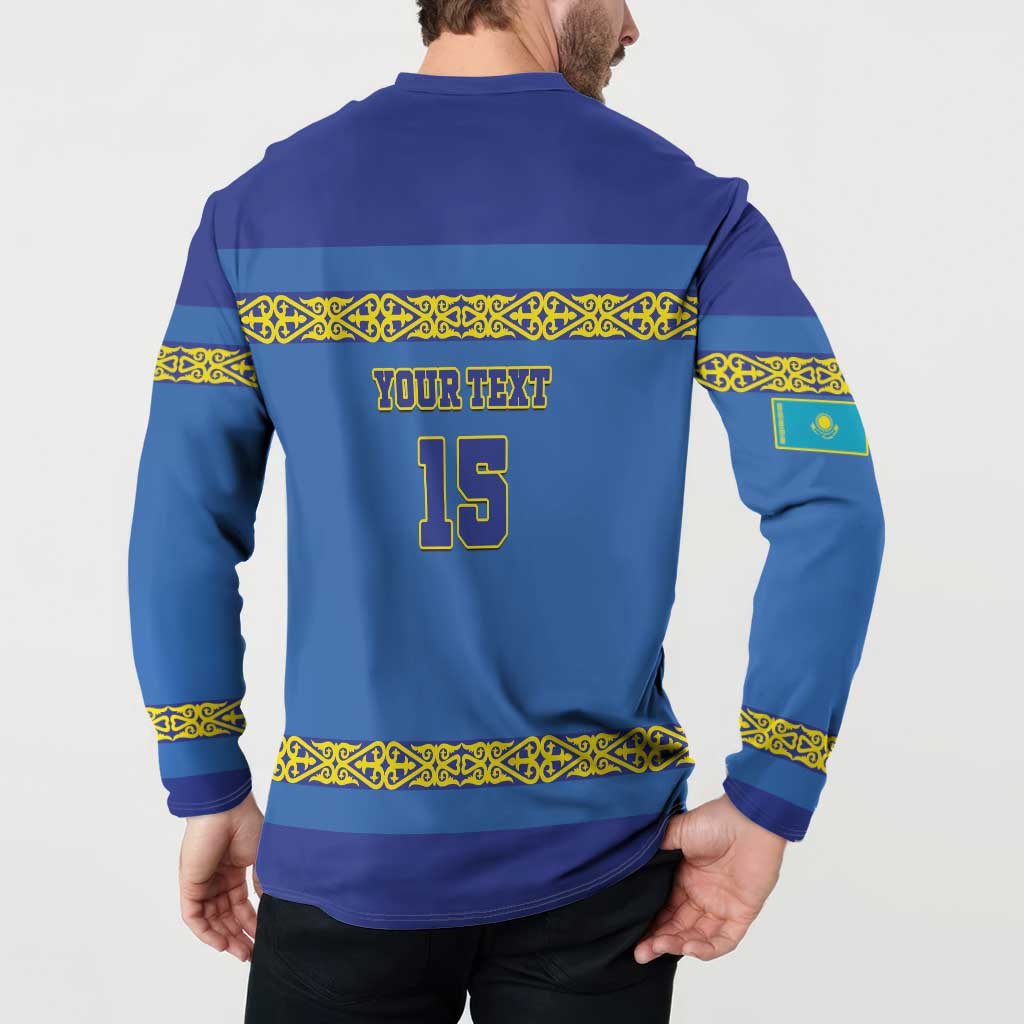 Blue hockey button sweatshirt back with yellow 'YOUR TEXT' and '15' design