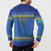 Blue hockey button sweatshirt back with yellow 'YOUR TEXT' and '15' design