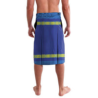 Blue knee-length wrap shorts with drawstring waist, yellow patterned hem (back view)