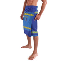 Blue knee-length wrap shorts with yellow trim, number 15 print, side view