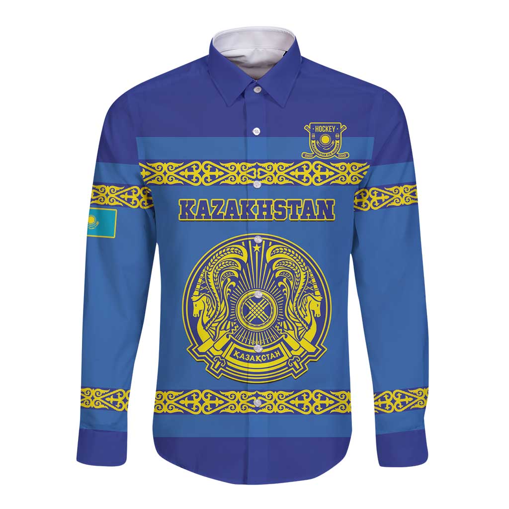 Blue long-sleeve button hockey shirt with Kazakhstan crest and 'KAZAKHSTAN' graphic