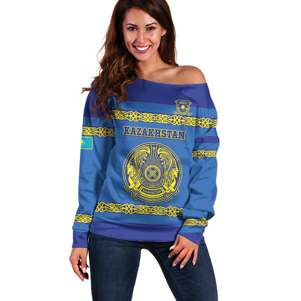 Custom Kazakhstan Hockey Off Shoulder Sweater Go Kazakh - Wonder Print Shop