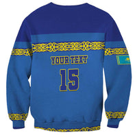 Blue crewneck hockey sweatshirt back with YOUR TEXT 15 and yellow ornamental bands