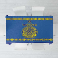 Blue hockey tablecloth with yellow trim, Kazakhstan crest, and 'Your Text' panel