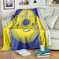 Blue and yellow Kazakhstan football blanket with crest and “YOUR TEXT”