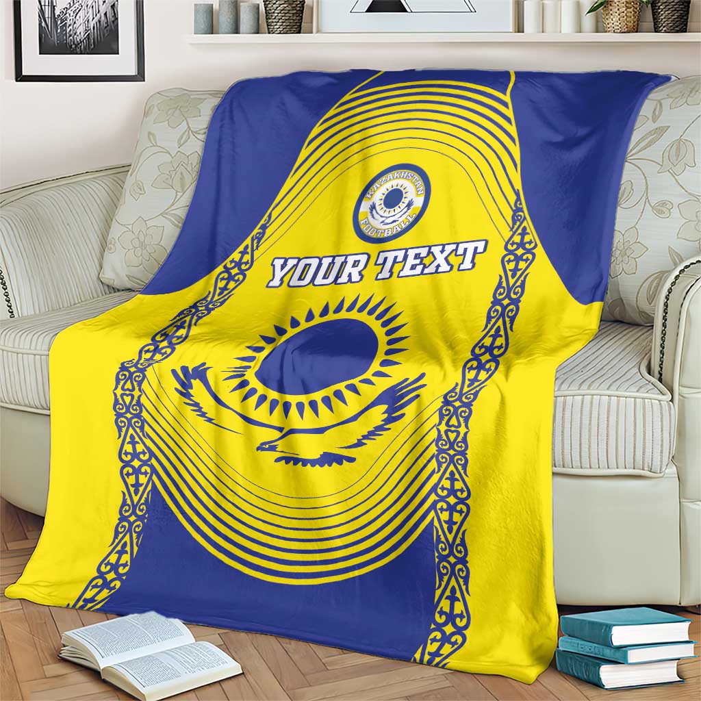 Kazakhstan football blanket over armchair, blue-and-yellow emblem with “YOUR TEXT”
