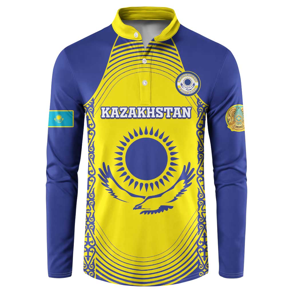 Blue and yellow button-front football sweatshirt with Kazakhstan crest graphic, long sleeves