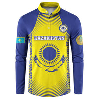 Blue and yellow button-front football sweatshirt with Kazakhstan crest graphic, long sleeves