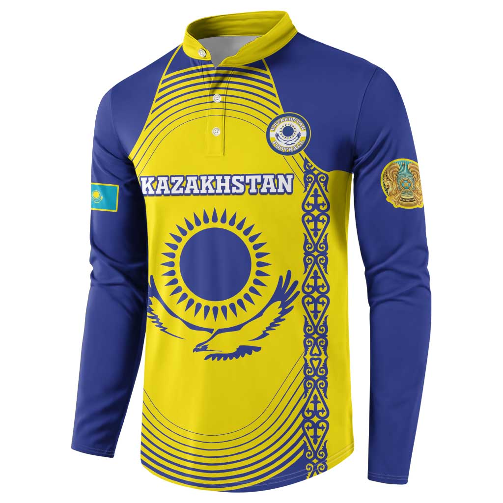Blue and yellow button-front sweatshirt with Kazakhstan crest and vertical emblem panel