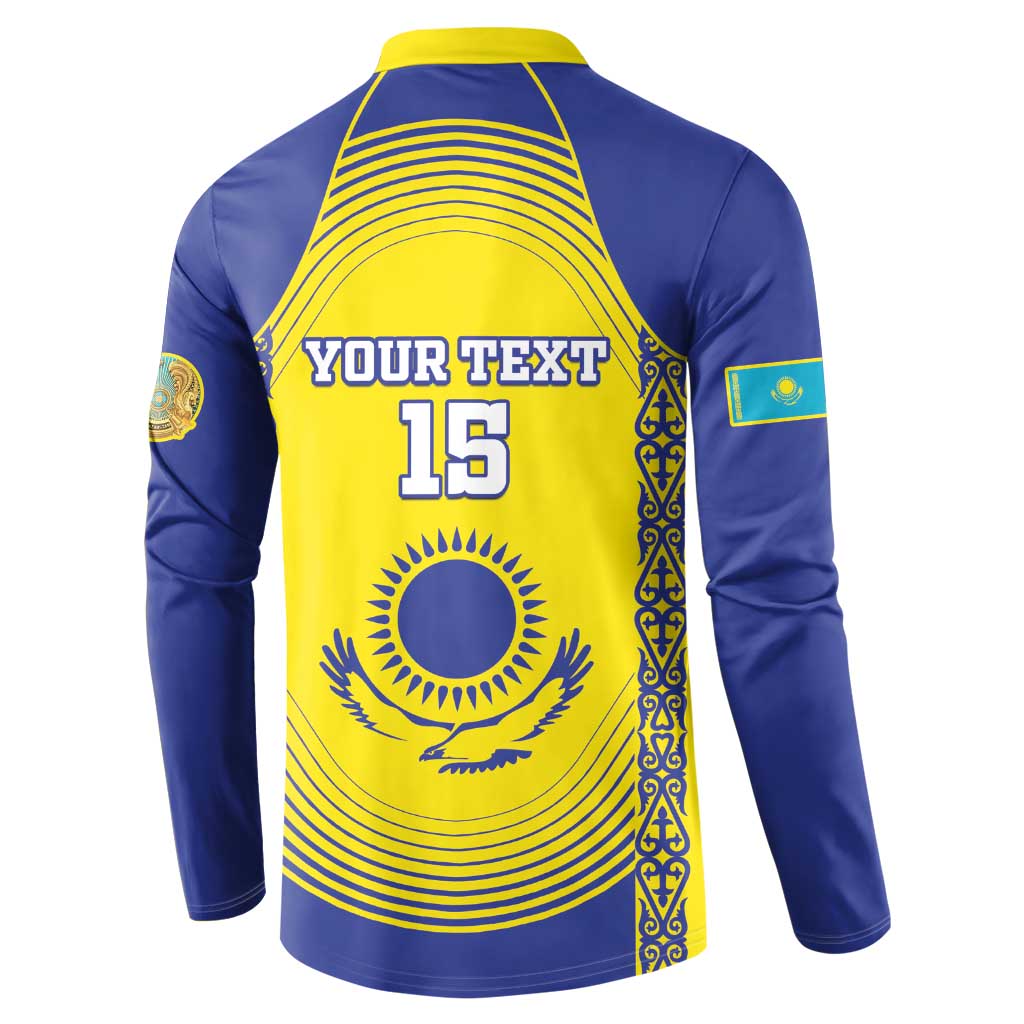 Back view: blue-and-yellow button sweatshirt with YOUR TEXT 16 and sun emblem