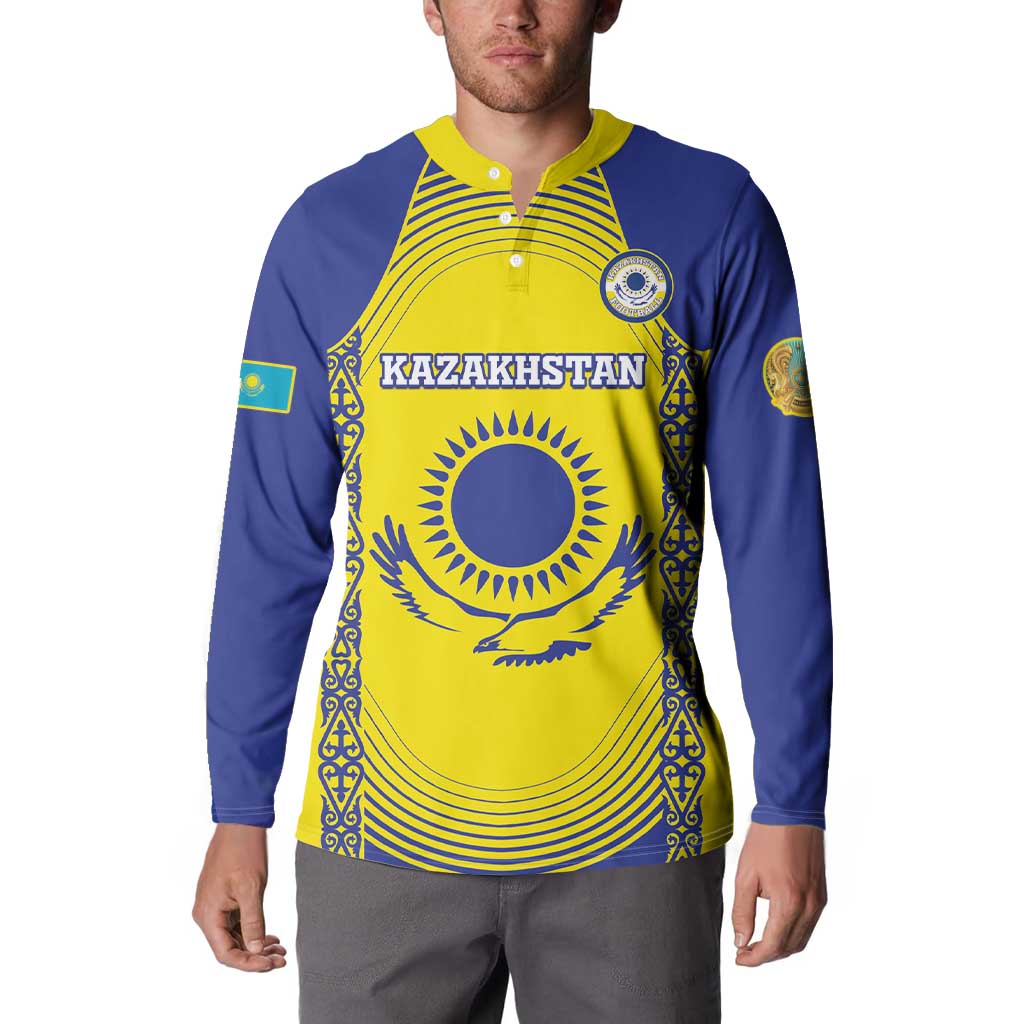 Blue and yellow button-front sweatshirt with Kazakhstan graphic and round team patch