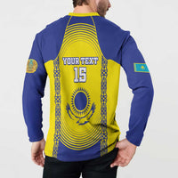 Back view: blue-and-yellow button sweatshirt with YOUR TEXT 16, sun emblem, long sleeves