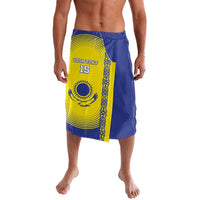 Blue lavalava with yellow side panel, Kazakhstan print and number 15