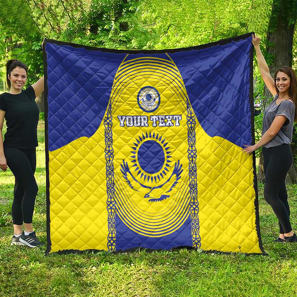 Custom Kazakhstan football quilt spread outdoors, blue top, yellow bottom, “YOUR TEXT” emblem
