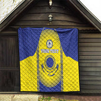 Custom Kazakhstan football quilt hanging in a doorway, blue and yellow with “YOUR TEXT”