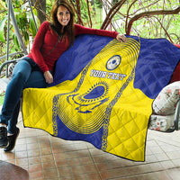 Custom Kazakhstan football quilt held outdoors, blue and yellow design with “YOUR TEXT”