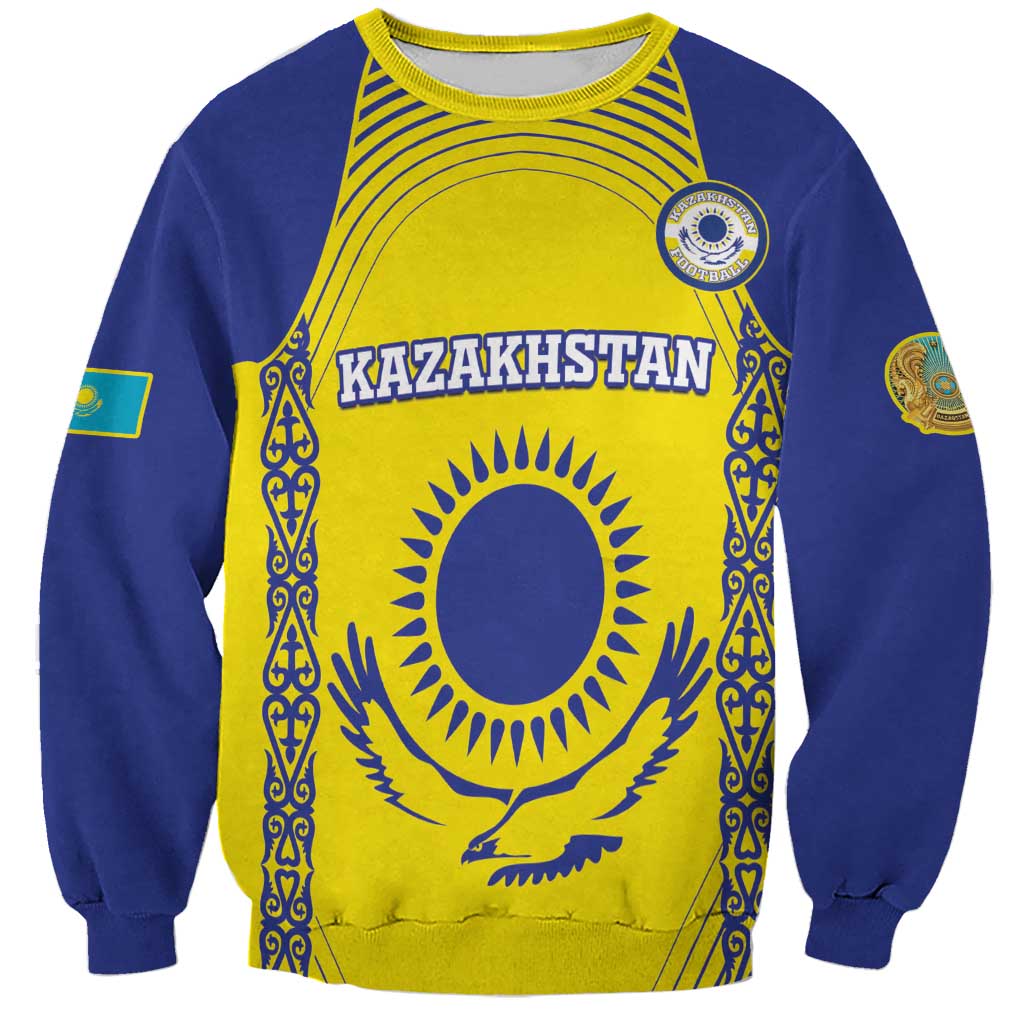 Blue and yellow Kazakhstan football sweatshirt with front graphic and round emblem