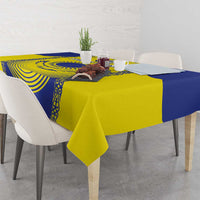 Rectangular Kazakhstan flag tablecloth in blue and yellow with decorative border