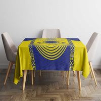 Football tablecloth with Kazakhstan flag design in blue and yellow on dining table