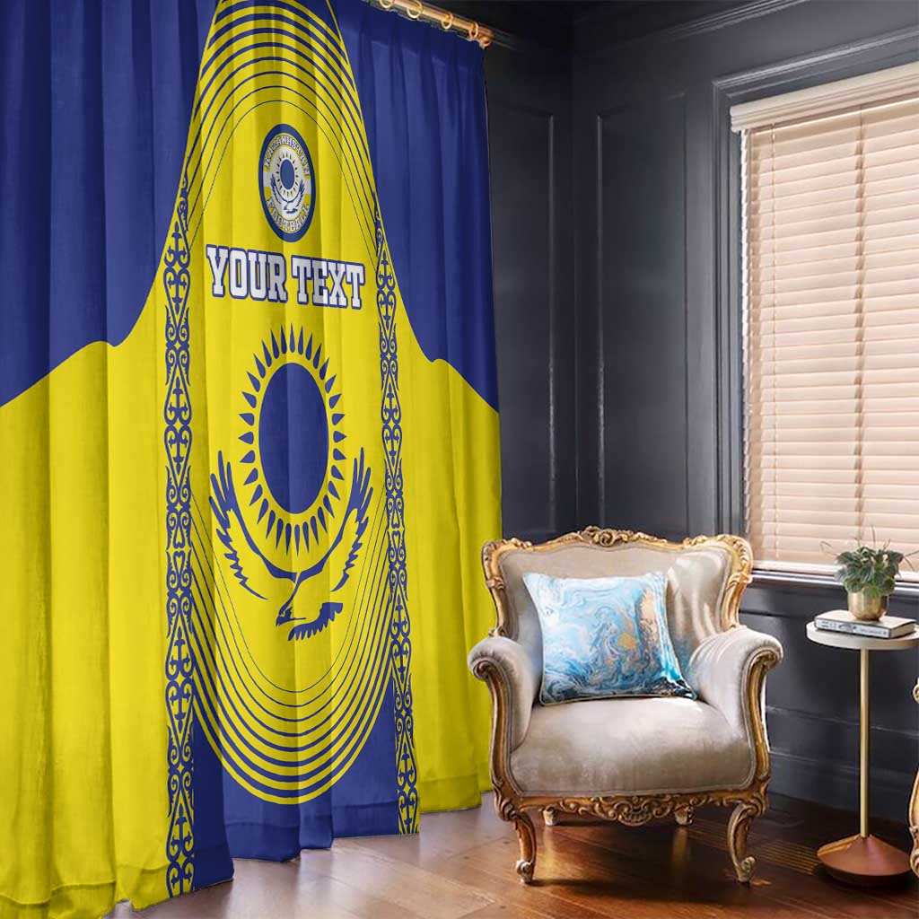 Blue and yellow football window curtains with custom “YOUR TEXT,” hanging beside a window.