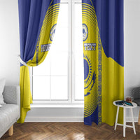 Blue and yellow football window curtains with crest design and custom “YOUR TEXT” at window.