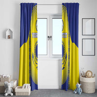 Pair of blue and yellow football window curtains with crest artwork and custom “YOUR TEXT.”