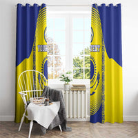 Blue and yellow football window curtains with top grommet rings and custom “YOUR TEXT” printing.