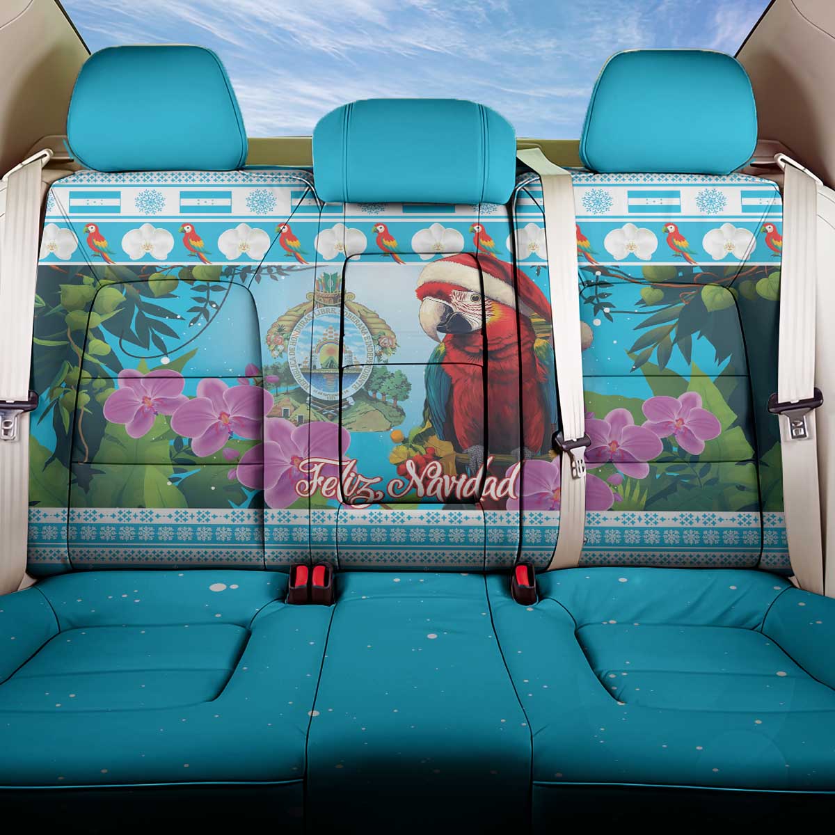 Honduras Christmas Back Car Seat Cover Scarlet Macaw With Feliz Navidad - Wonder Print Shop