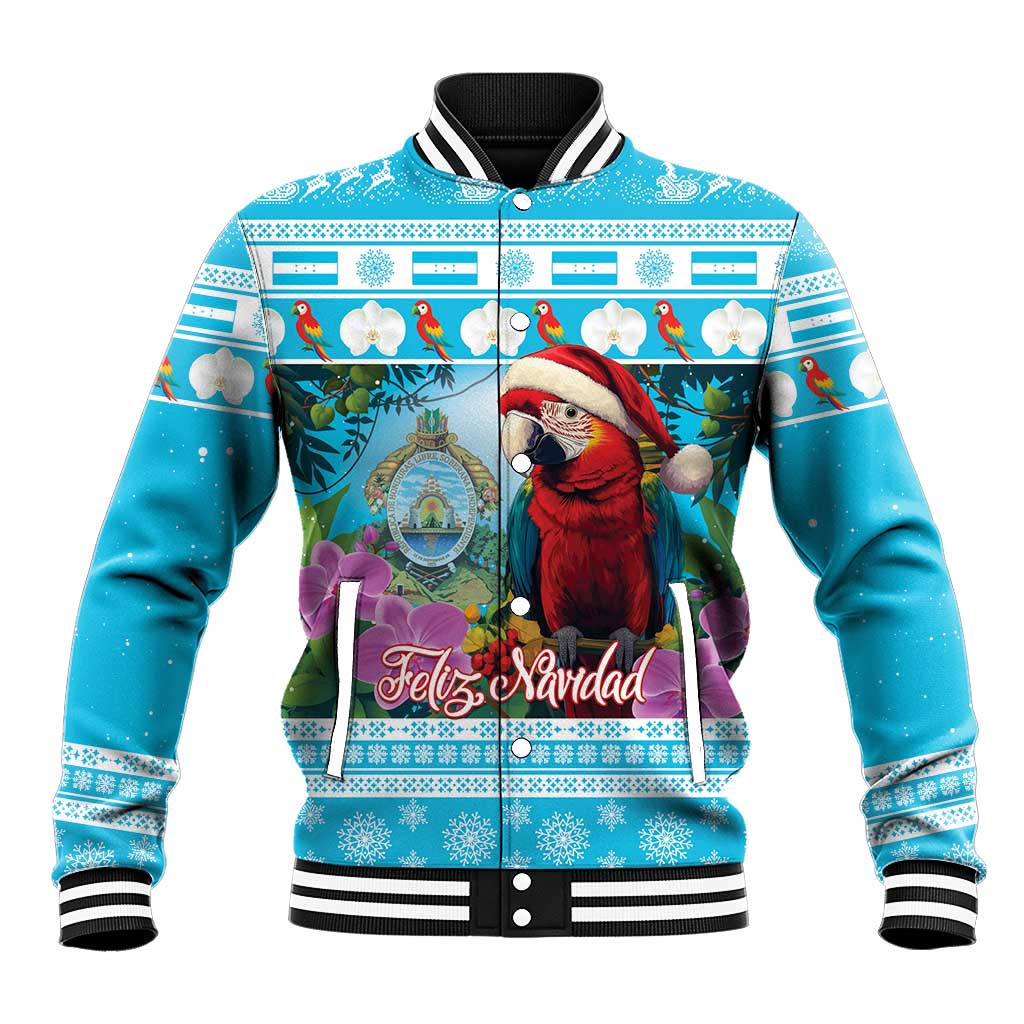 Blue baseball jacket with striped collar, macaw graphic, Feliz Navidad text