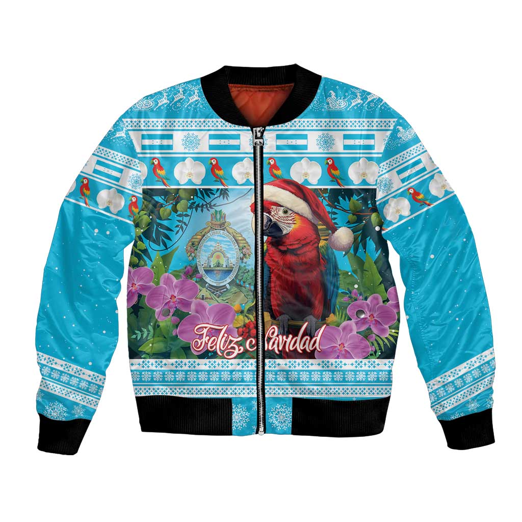 Unisex blue bomber jacket with front zipper, black ribbed cuffs and hem, Feliz Navidad graphic