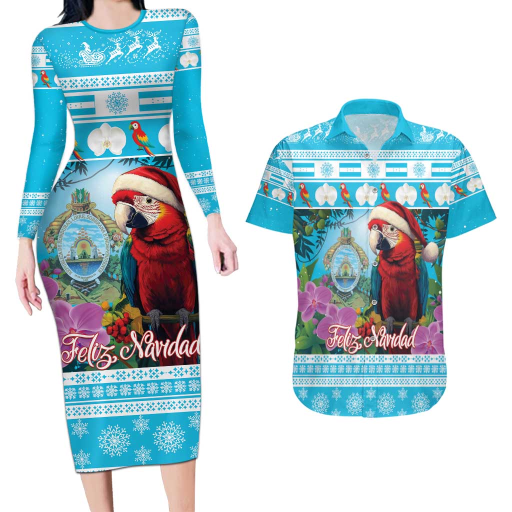 Honduras Christmas Couples Matching Long Sleeve Bodycon Dress and Hawaiian Shirt Scarlet Macaw With Feliz Navidad - Wonder Print Shop