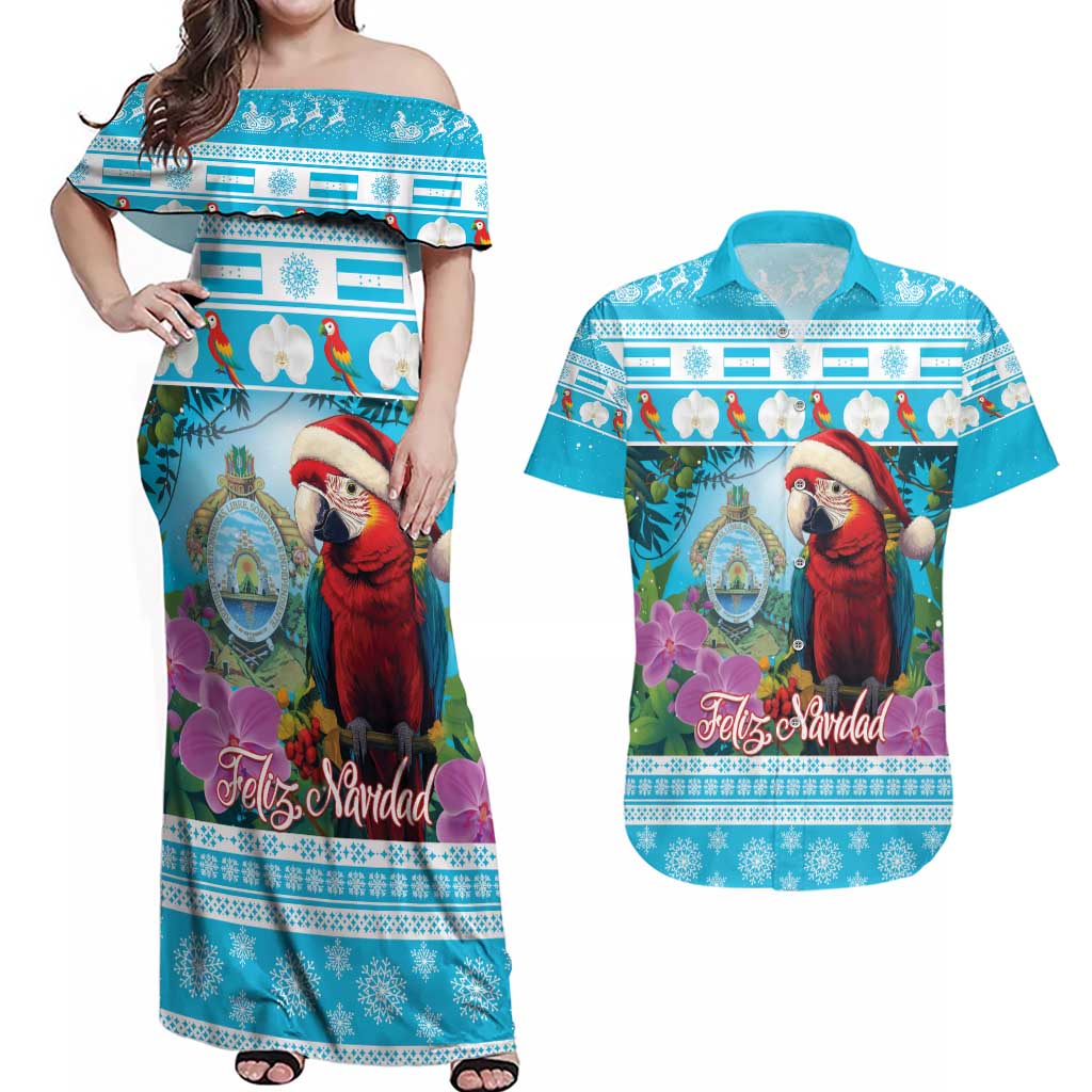 Honduras Christmas Couples Matching Off Shoulder Maxi Dress and Hawaiian Shirt Scarlet Macaw With Feliz Navidad - Wonder Print Shop