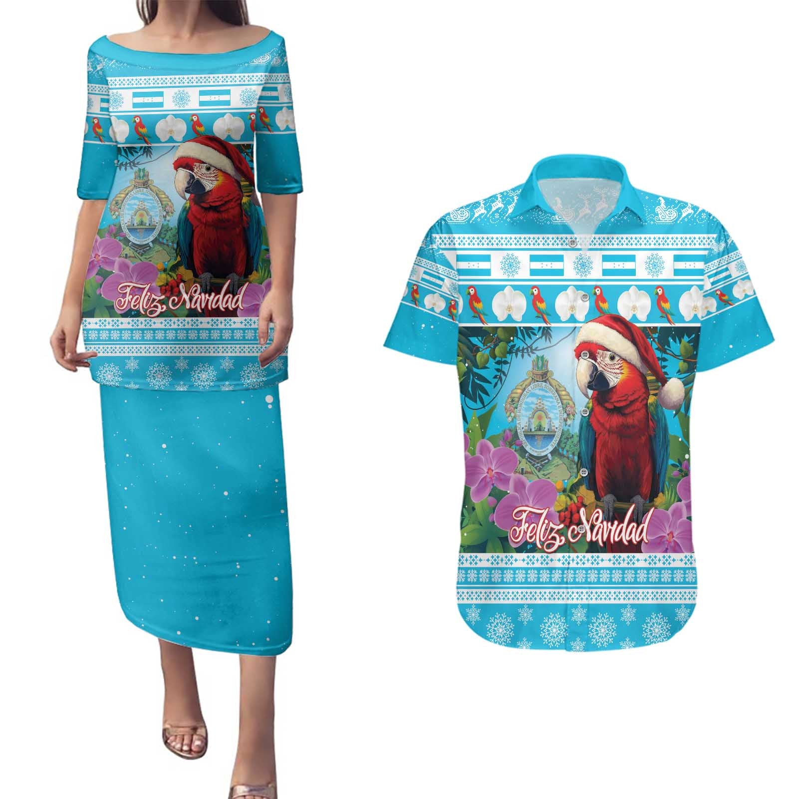 Honduras Christmas Couples Matching Puletasi and Hawaiian Shirt Scarlet Macaw With Feliz Navidad - Wonder Print Shop