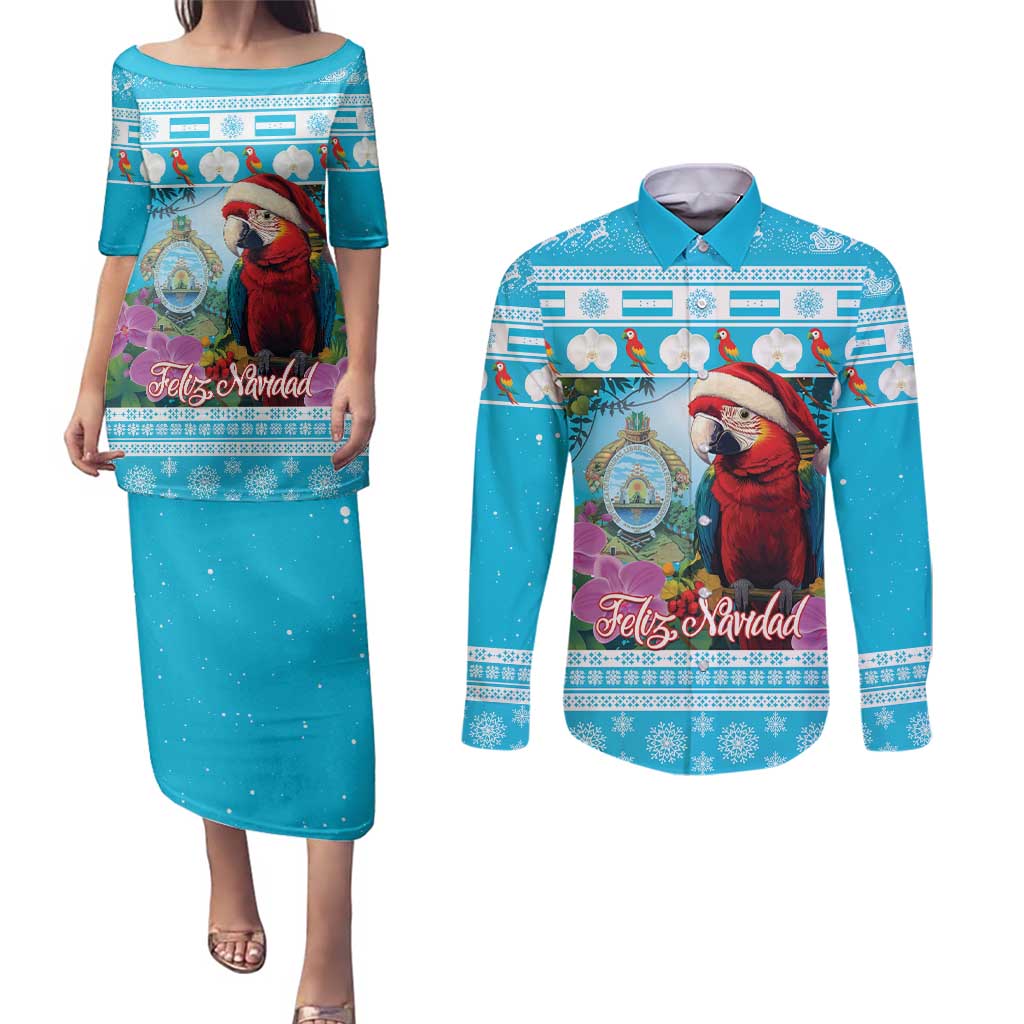 Honduras Christmas Couples Matching Puletasi and Long Sleeve Button Shirt Scarlet Macaw With Feliz Navidad - Wonder Print Shop