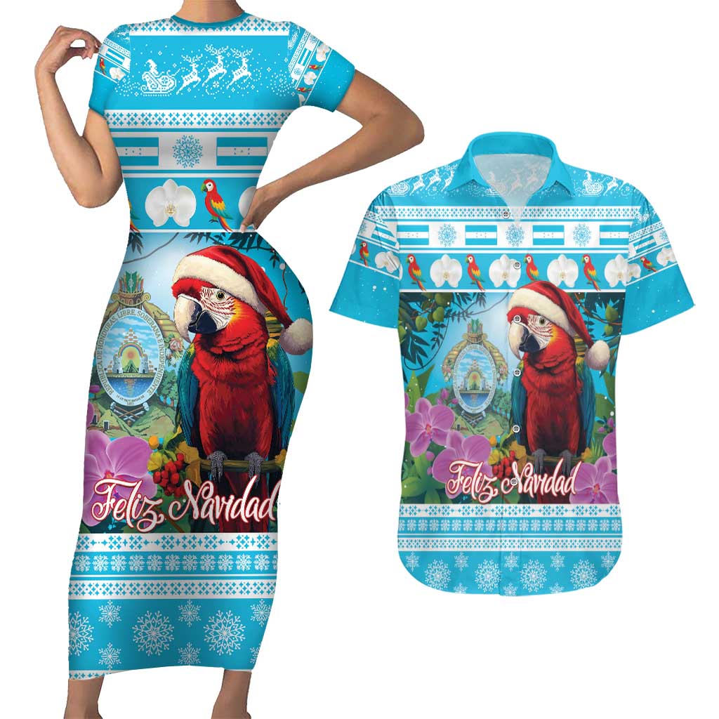 Honduras Christmas Couples Matching Short Sleeve Bodycon Dress and Hawaiian Shirt Scarlet Macaw With Feliz Navidad - Wonder Print Shop